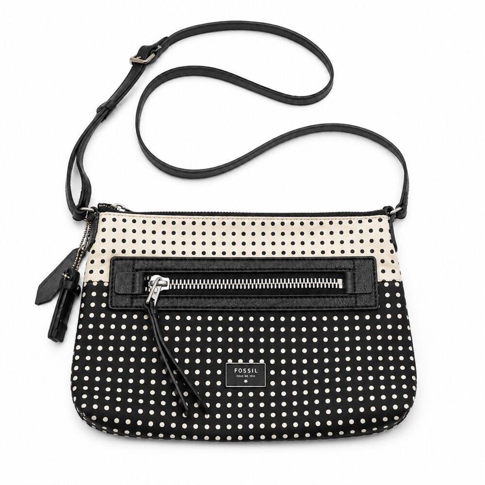 Fossil Dawson Polka Dot Crossbody Bag Black Cream Zip Shoulder Purse Canvas